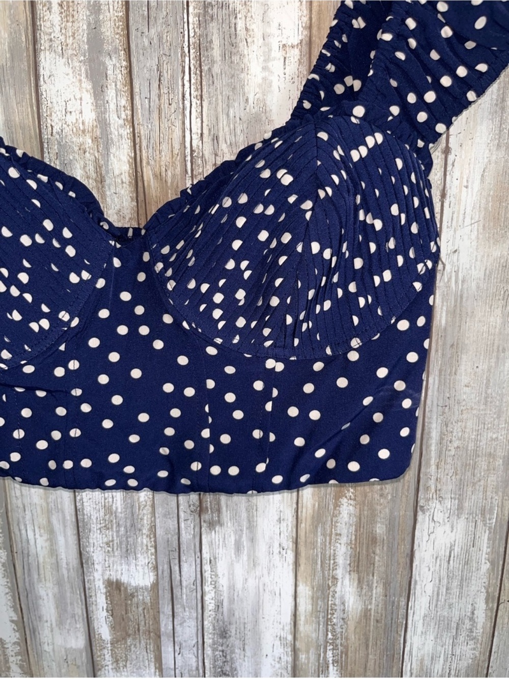 Lulus NWT Navy Polka Dot Pleated Bustier Crop Top Puff Sleeve L - Picture 4 of 6